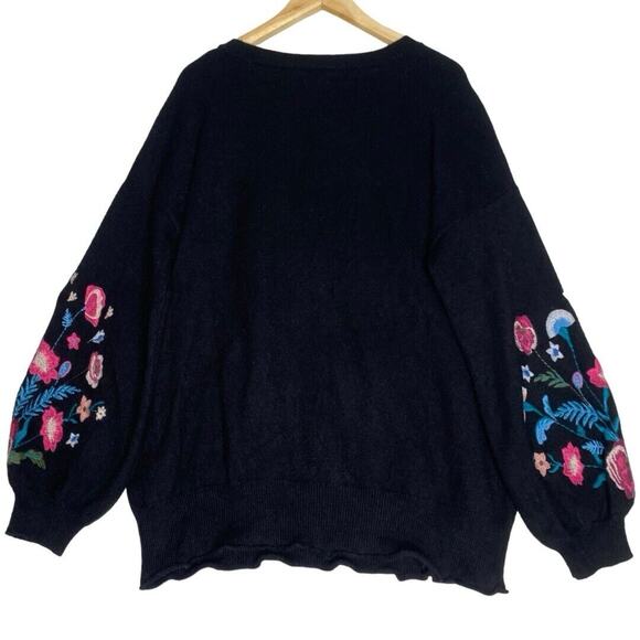 Pixley Black Embroidered Floral Sweater Womens Lg Viscose Cozy Soft Cottage Boho - Picture 3 of 9